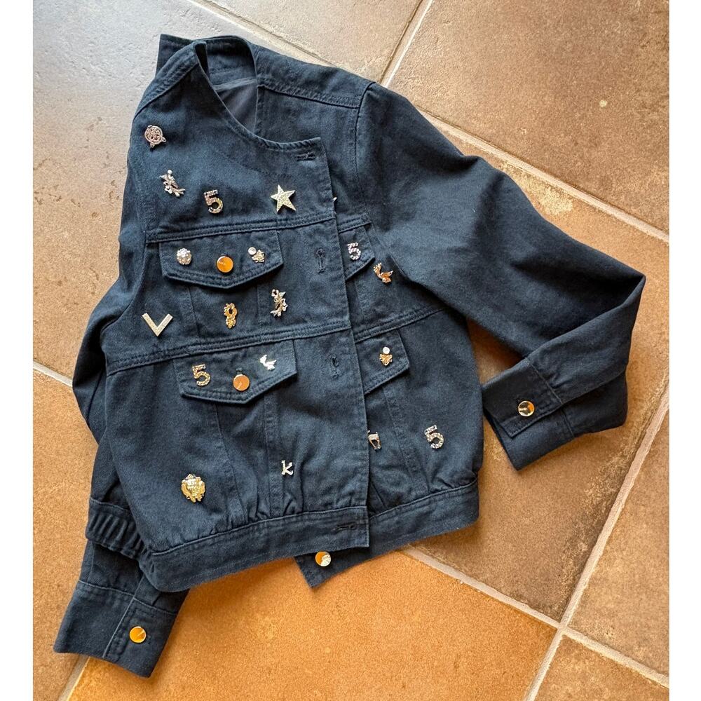 Oo La La Black Denim Embellished Collarless "Charm" Jacket Whimsy Bling size L - Picture 14 of 16